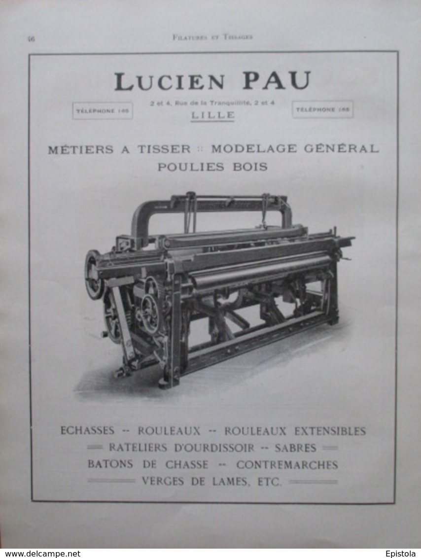 METIER à TISSER Poulies Bois  Filature - Ets LUCIEN PAU à Lille - Page Catalogue Technique De 1925 (Dims Env 22 X 30 Cm) - Machines