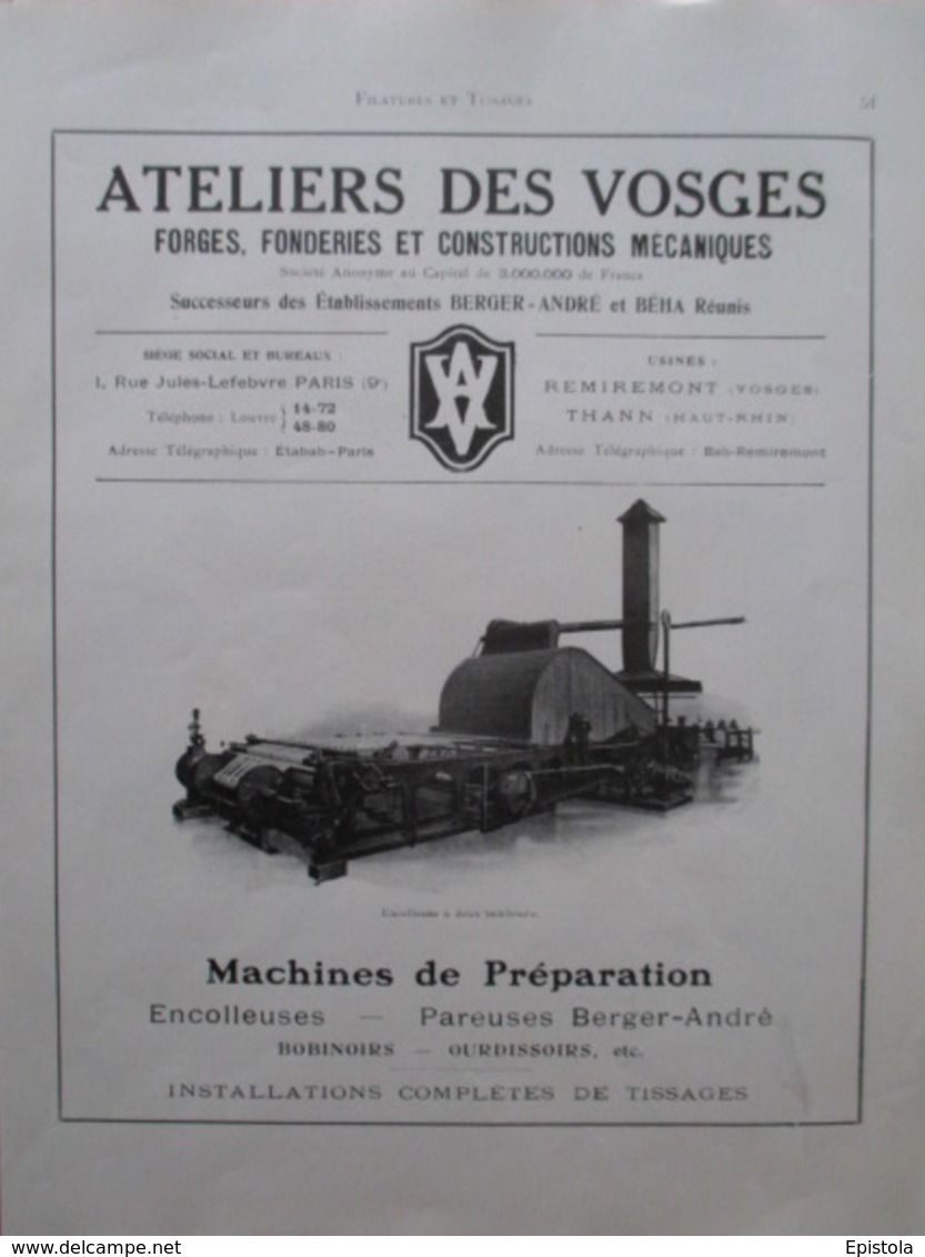 ENCOLLEUSE à TAMBOURS Pour Filature   - Ateliers Des Vosges - Page Catalogue Technique De 1925 (Dims Env 22 X 30 Cm) - Machines