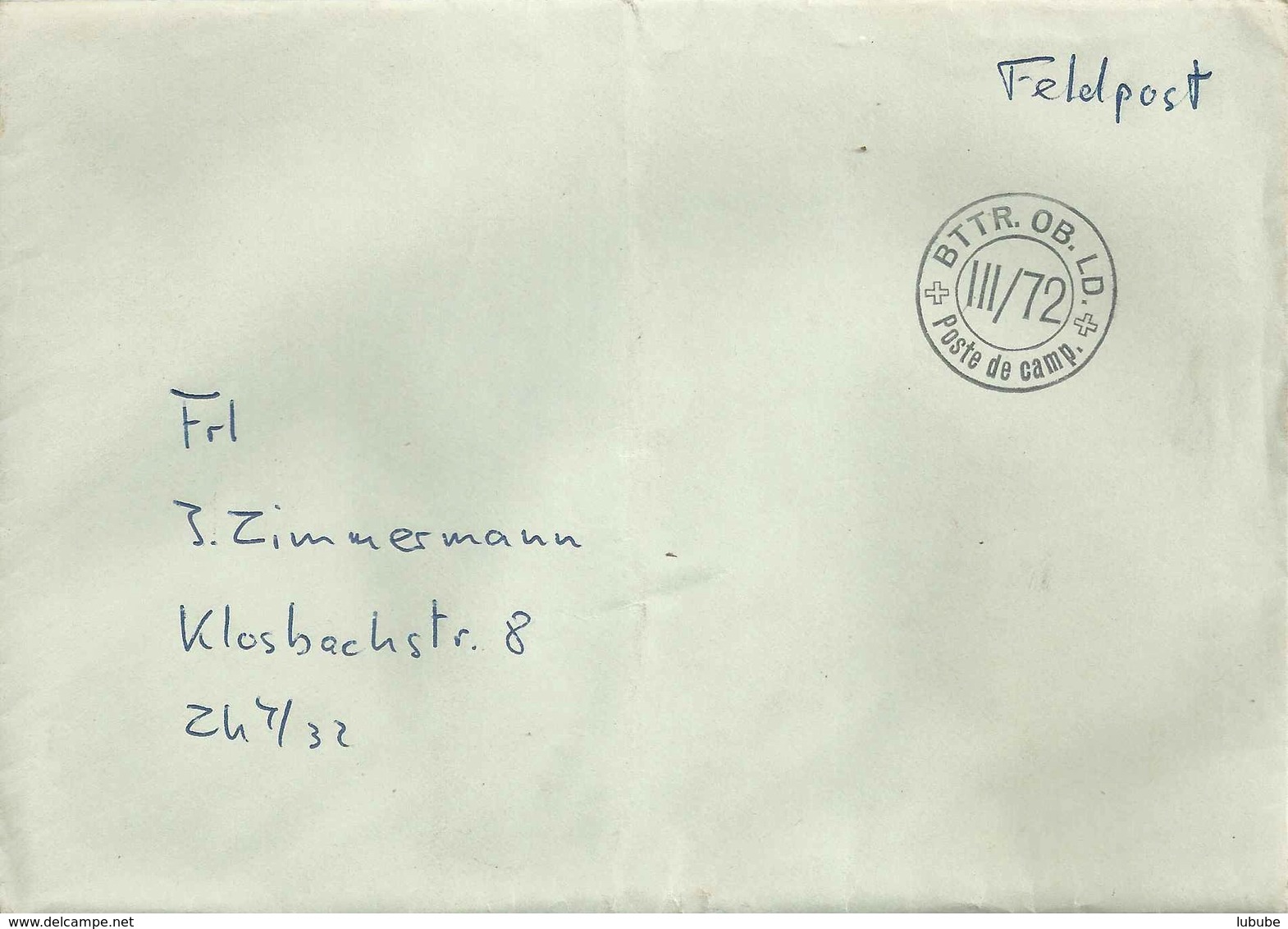 Feldpost Brief  "Bttr.Ob.Ld. III/72"          Ca. 1950 - Abstempelungen