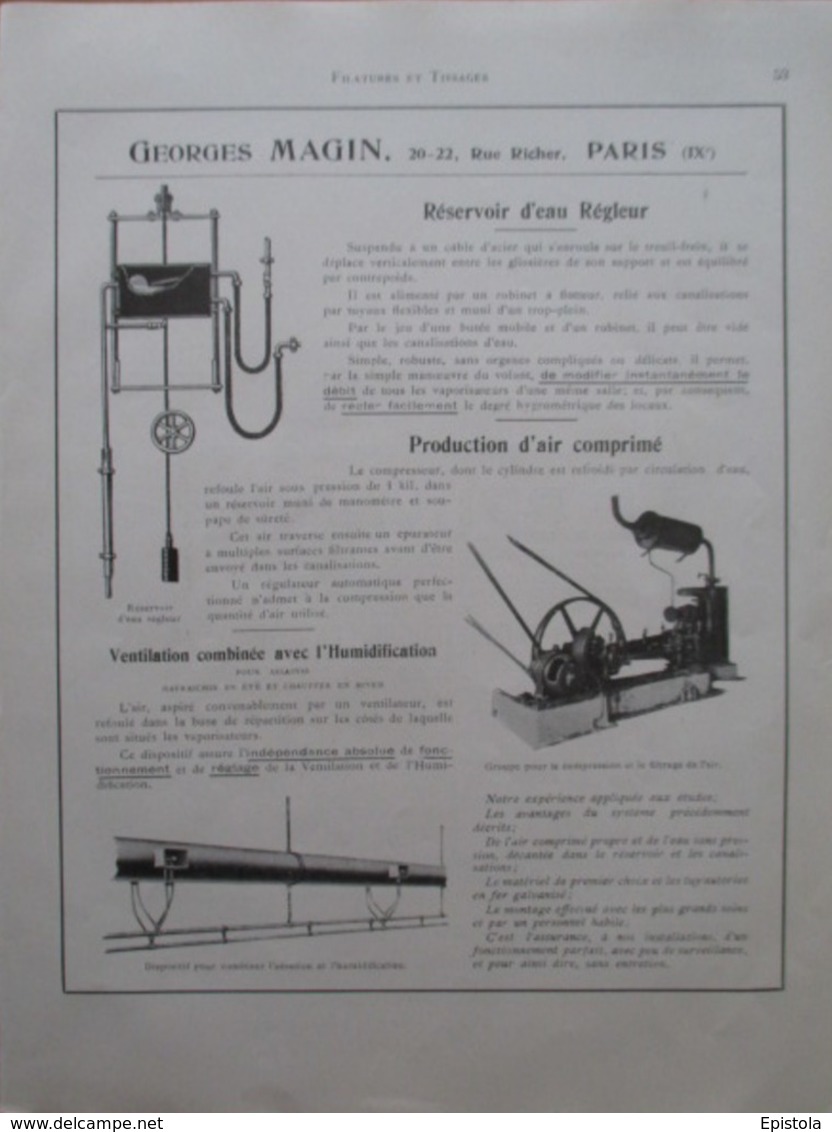 COMPRESSEUR Air/Eau  Pour Filature   - Ets Georges MAGIN   - Page Catalogue Technique De 1925 (Dims Env 22 X 30 Cm) - Machines