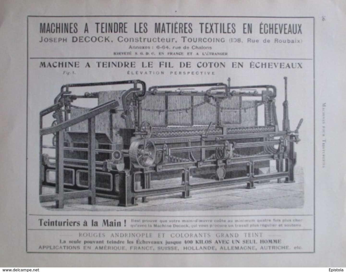 MOULINEUSE à ECHEVEAUX Pour Filature JOSEPH DECOCK à Tourcoing - Page Catalogue Technique De 1925 (Dims Env 22 X 30 Cm) - Macchine