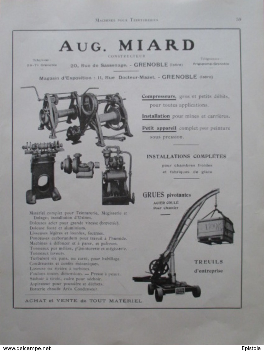 TREUIL Et GRUE Pour TEINTURERIE ETs A MIARD à Grenoble - Page Catalogue Technique De 1925 (Dims Env 22 X 30 Cm) - Machines