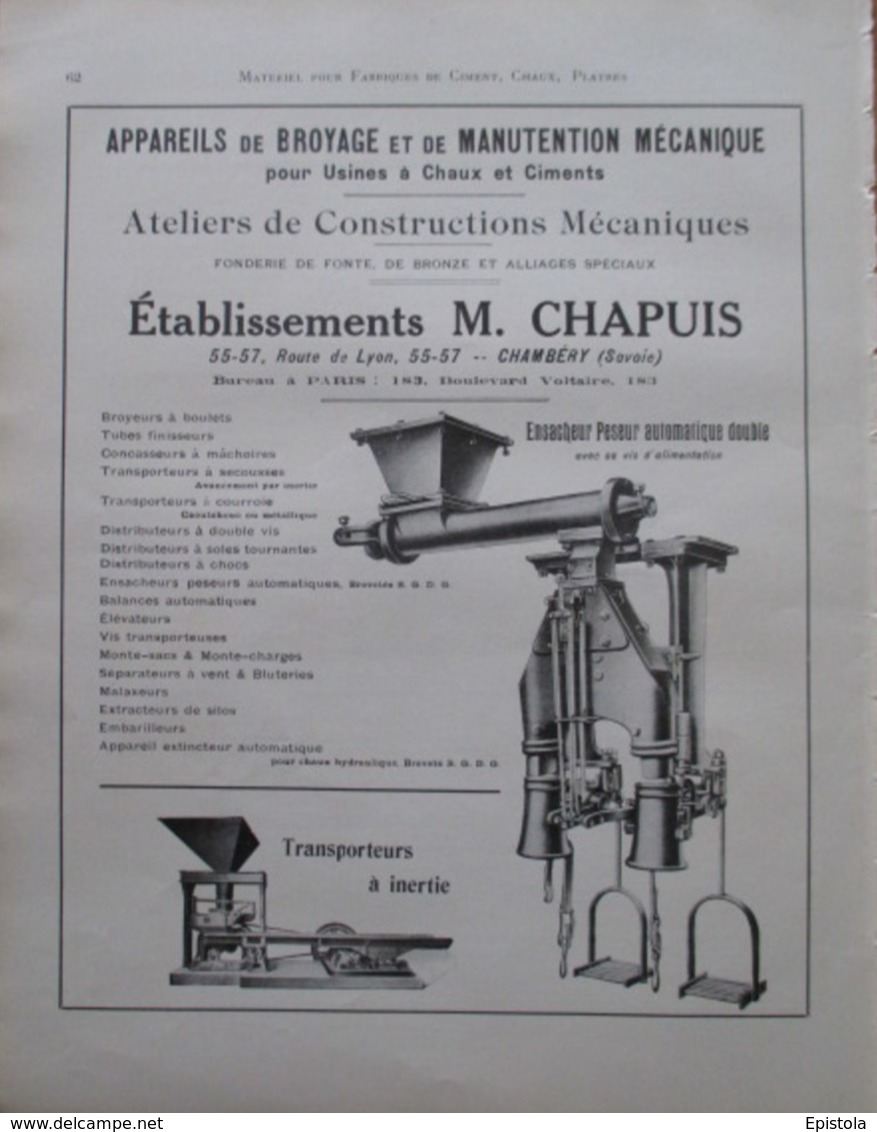 ENSACHEUR PESEUR Pour CIMENTERIE Ets CHAPUS à Chambéry - Page Catalogue Technique De 1925 (Dims Env 22 X 30 Cm) - Machines