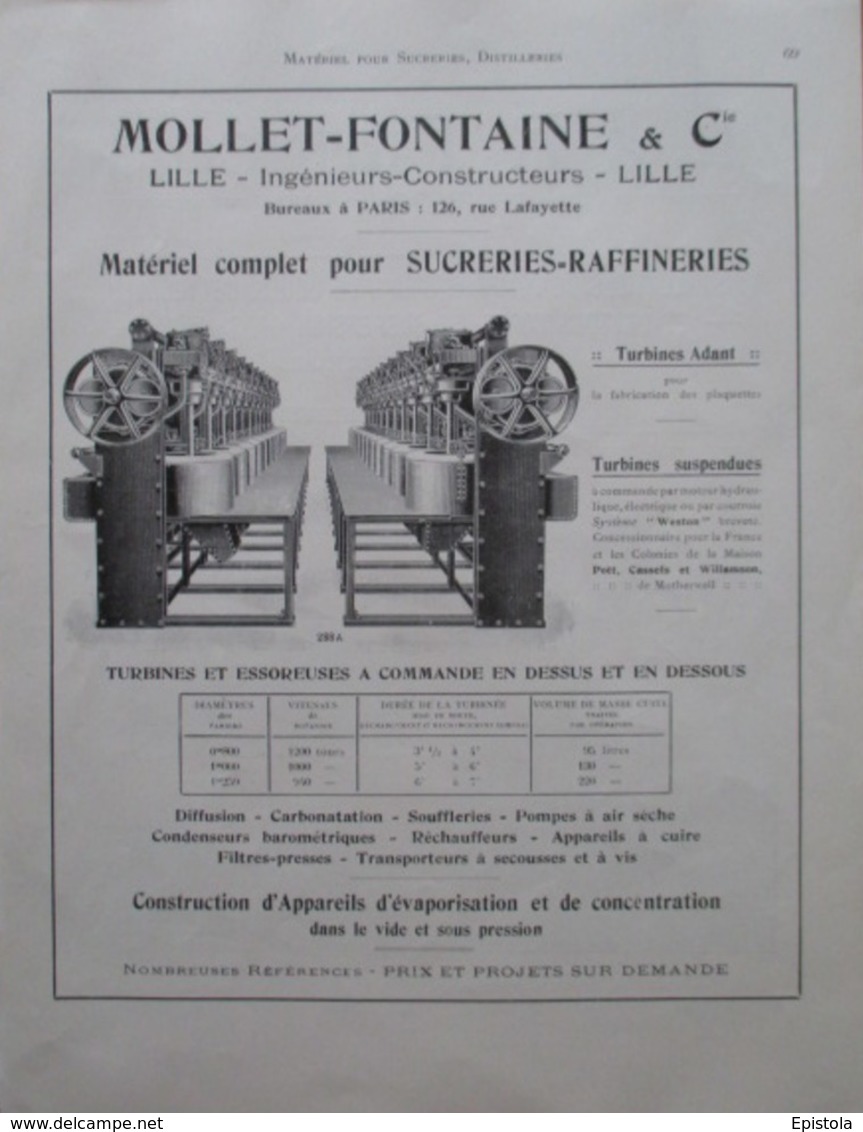 TURBINE ESSOREUSE Pour SUCRERIE ETs MOLLET FONTAINE à Lille - Page Catalogue Technique De 1925 (Dims Env 22 X 30 Cm) - Machines