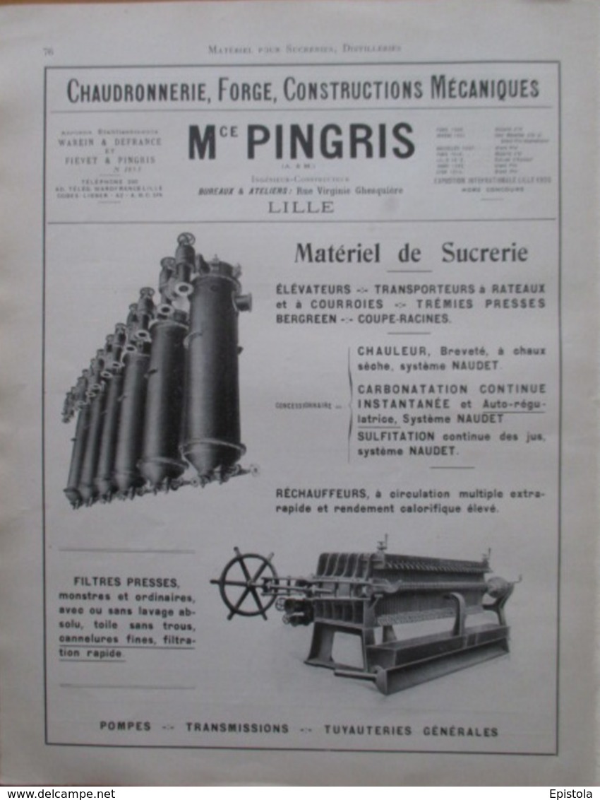 Matériels Pour SUCRERIE DISTILLERIE M PINGRIS (Arts Et Métiers)- Page Catalogue Technique De 1925 (Dims Env 22 X 30 Cm) - Machines