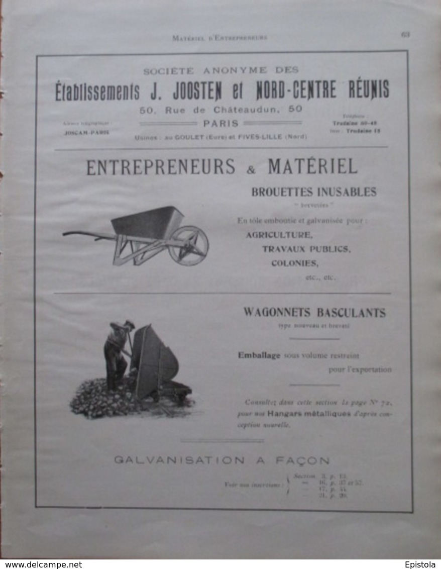 WAGONNET BASCULANT Et BROUETTE INUSABLE  Ets JOOSTEN  - Page Catalogue Technique De 1925 (Dims Env 22 X 30 Cm) - Travaux Publics