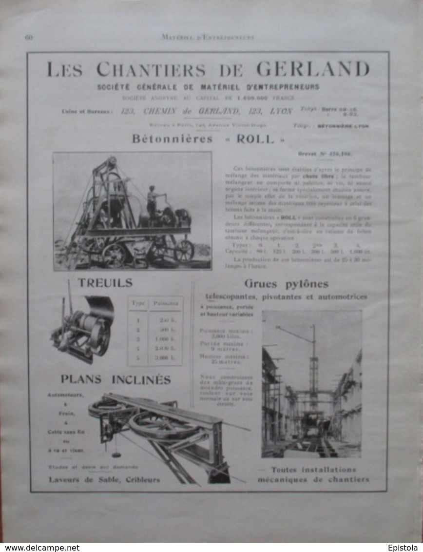 BETONNIERE & TREUIL  " ROLL" Chemin De Gerland à Lyon   - Page Catalogue Technique De 1925 (Dims Env 22 X 30 Cm) - Travaux Publics