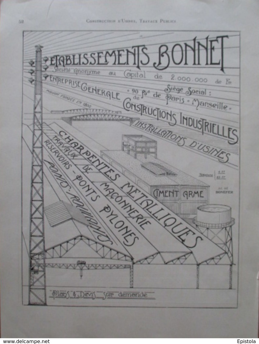 Architecture Industrielle  Ets BONNET à Marseille Bd De Paris   - Page Catalogue Technique De 1925 (Dims Env 22 X 30 Cm) - Travaux Publics