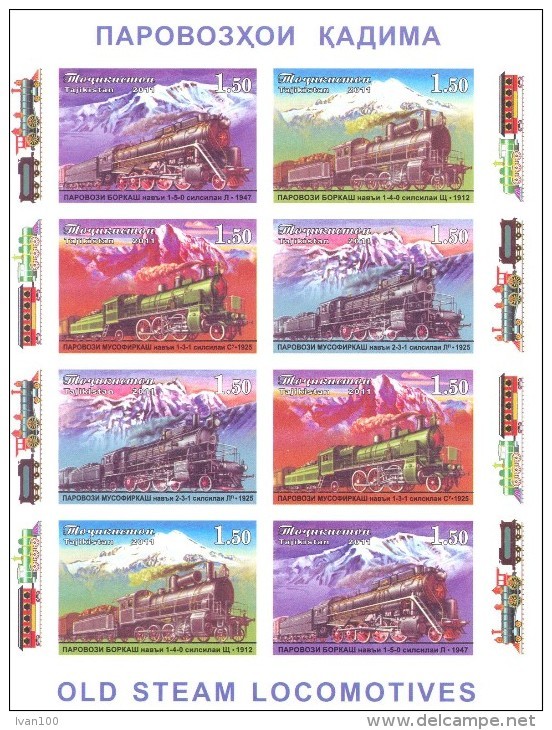 2011.  Tajikistan, Locomotives, Sheetlet Perforated,  Mint/** - Tayikistán