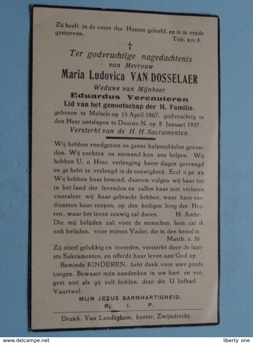 DP Maria Van DOSSELAER ( Eduardus Vercauteren ) Melsele 15 April 1867 - Deurne 8 Jan 1937 ( Zie Foto's ) ! - Todesanzeige