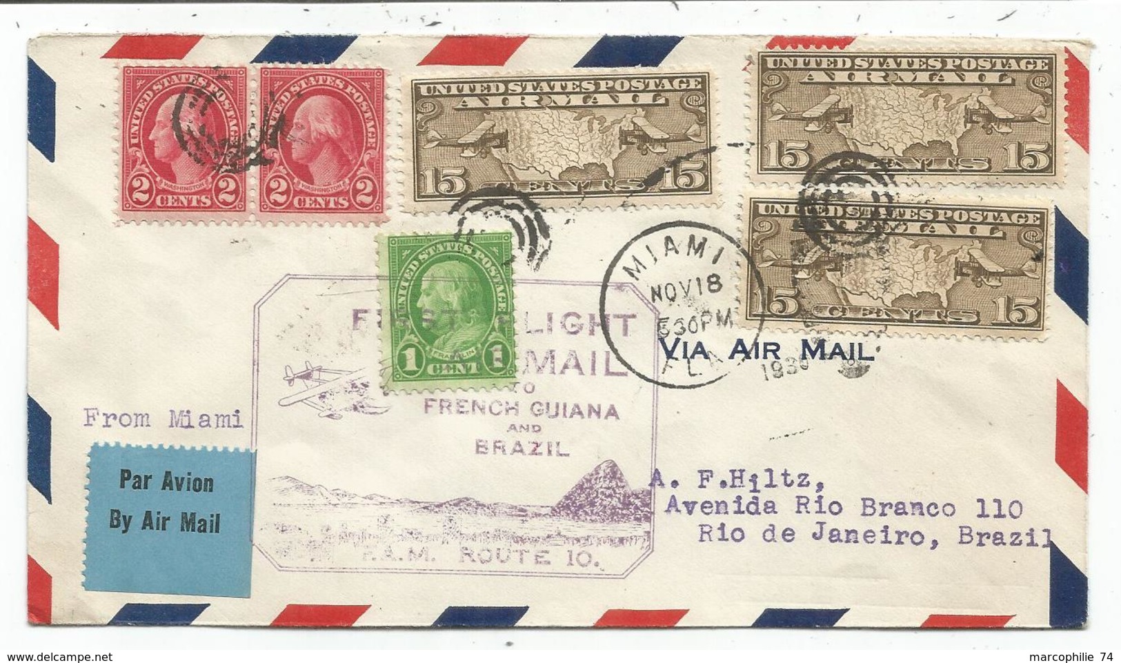 USA 15CX3+1C+2CX2 LETTRE AVION MIAMI NOV 18 1930 POUR RIO BRAZIL VIA GUYANE FRANCAISE - Covers & Documents