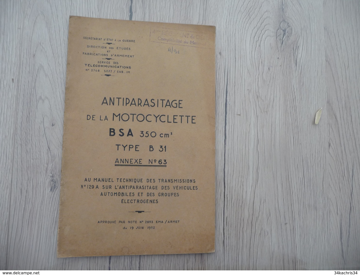 Notice Antiparasitage De La Motocyclette BSA 350 Cm Type B31 Annexe N°63 19524 P - Documents