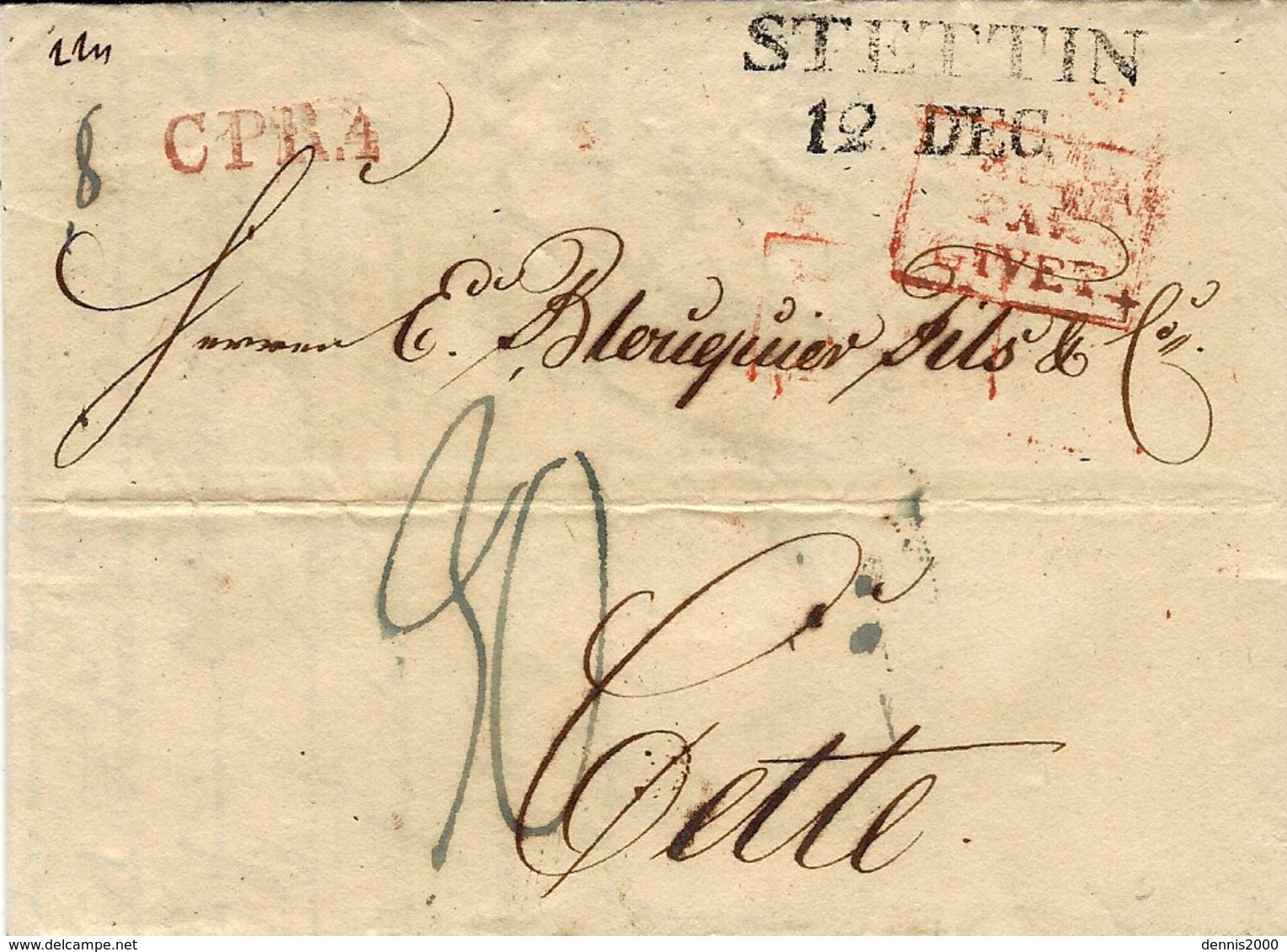 1825- Letter From STETTIN  -  C P R 4 -red + PRUSSE /PAR / GIVET  Red - Rating 30 D To Cette ( South Of France ) - ...-1860 Prefilatelia