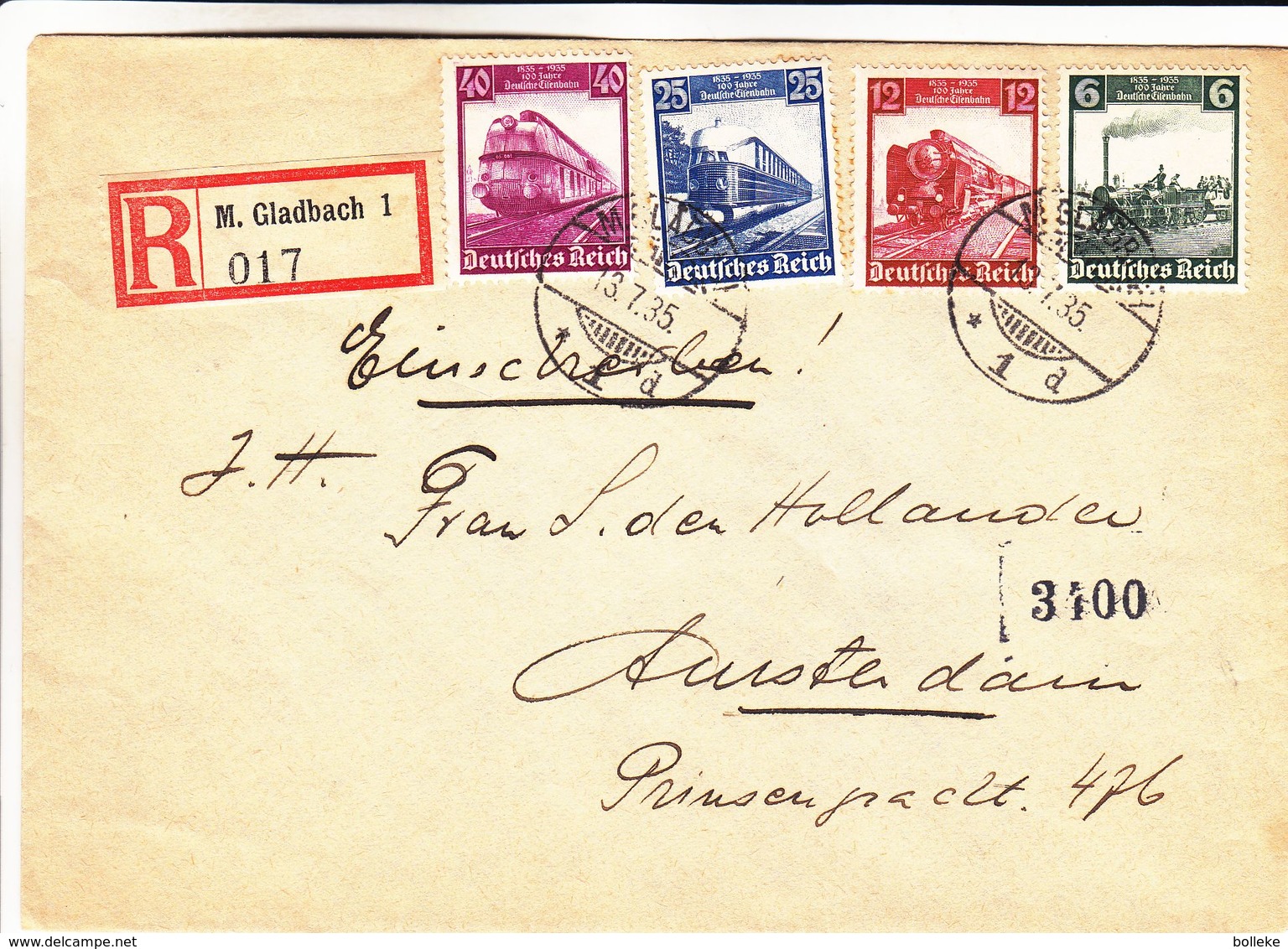 Allemagne - Empire - Lettre Recom De 1935 - Oblit M. Gladbach - Exp Vers Amsterdam - Trains - - Lettres & Documents