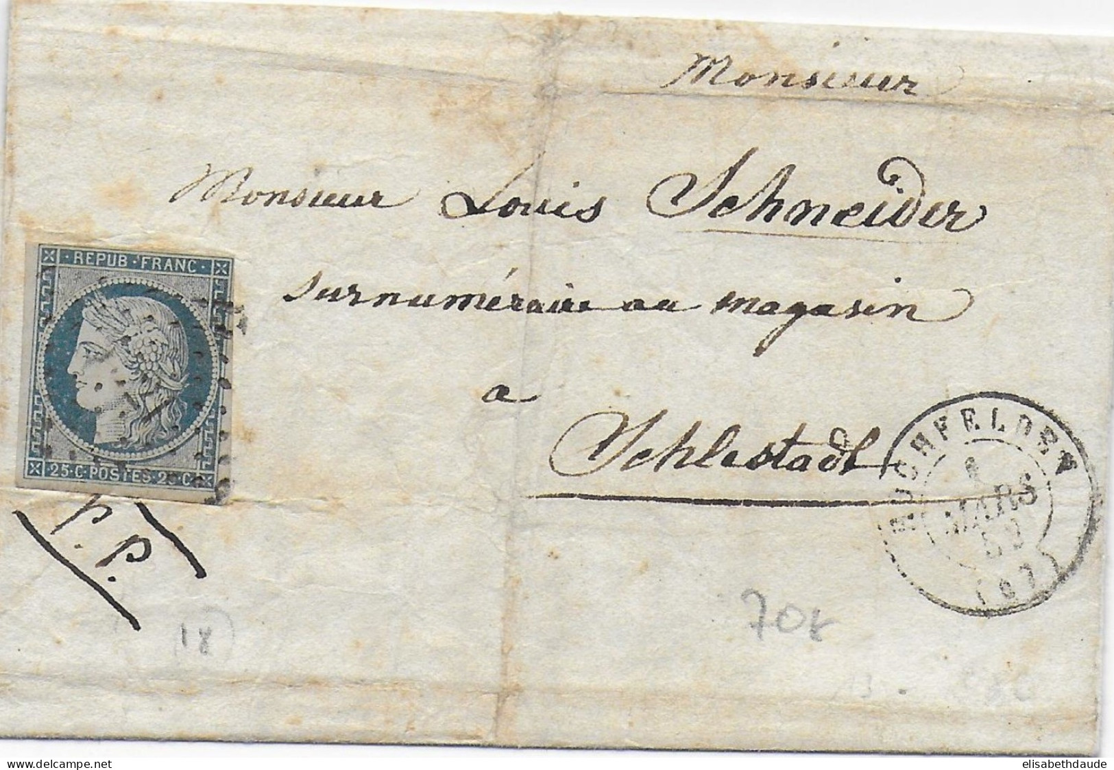 1852 - CERES Avec RARE PC 1521 De HOCHFELDEN (BAS-RHIN) + T15 Sur LETTRE => SELESTAT (SCHLESTADT) - 1849-1850 Ceres