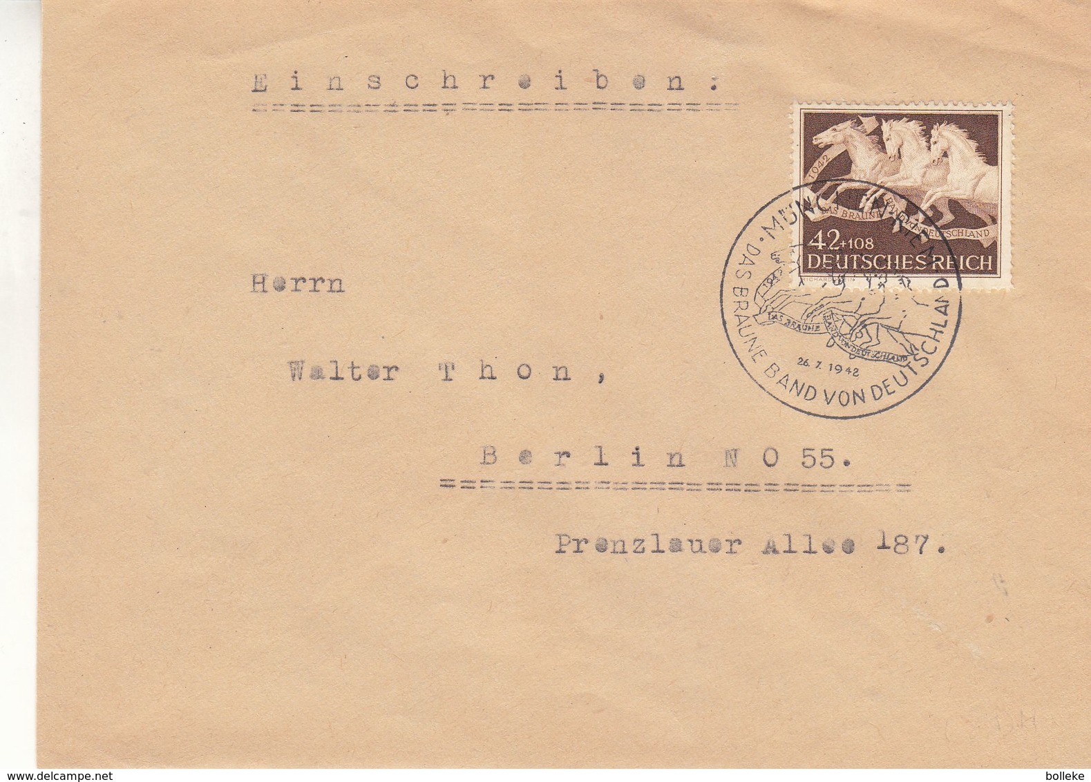 Allemagne - Empire - Lettre De 1942 - Oblit München - Exp Vers Berlin - Chevaux - Valeur 14 Euros - Lettres & Documents