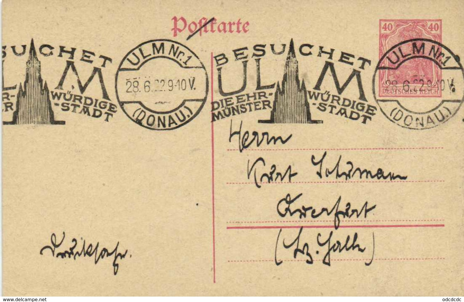 Entier Postal 40 Deutsche Reich  Cachet  ULM Nr1(DONAU)  Flamme Besuchet ULM - Autres & Non Classés