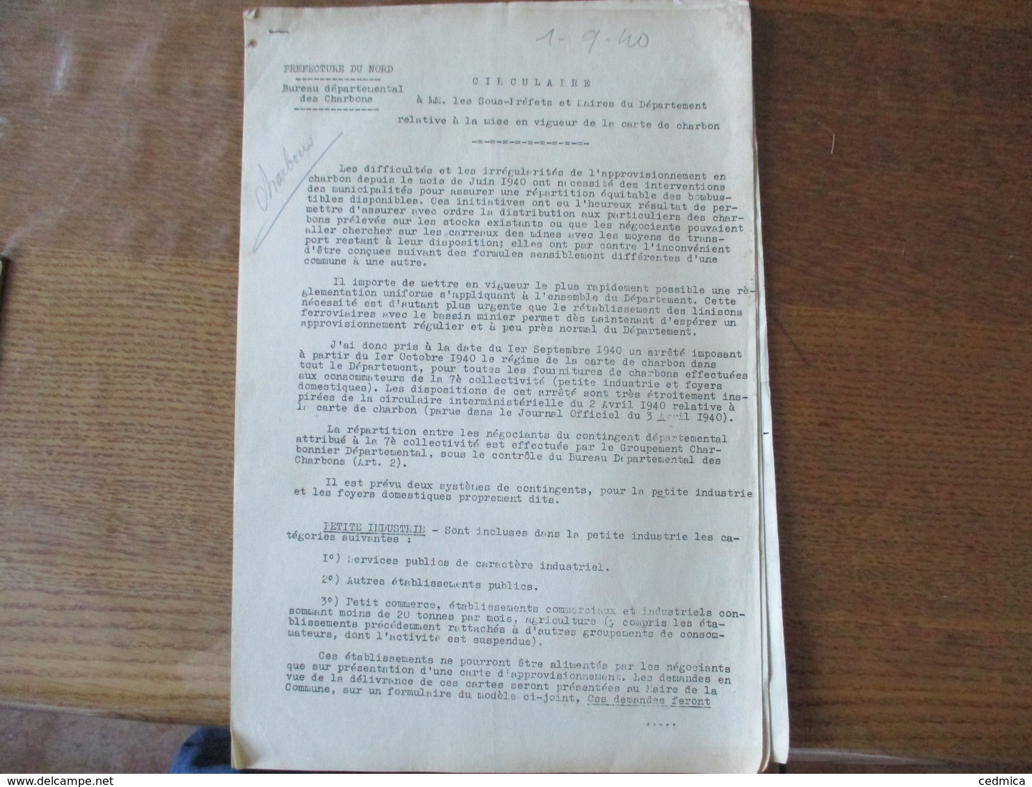 LILLE LE 1er SEPTEMBRE 1940 CIRCULAIRE RELATIVE A LA MISE EN VIGUEUR DE LA CARTE DE CHARBON LE PREFET F.CARLES 4 PAGES - Documents Historiques