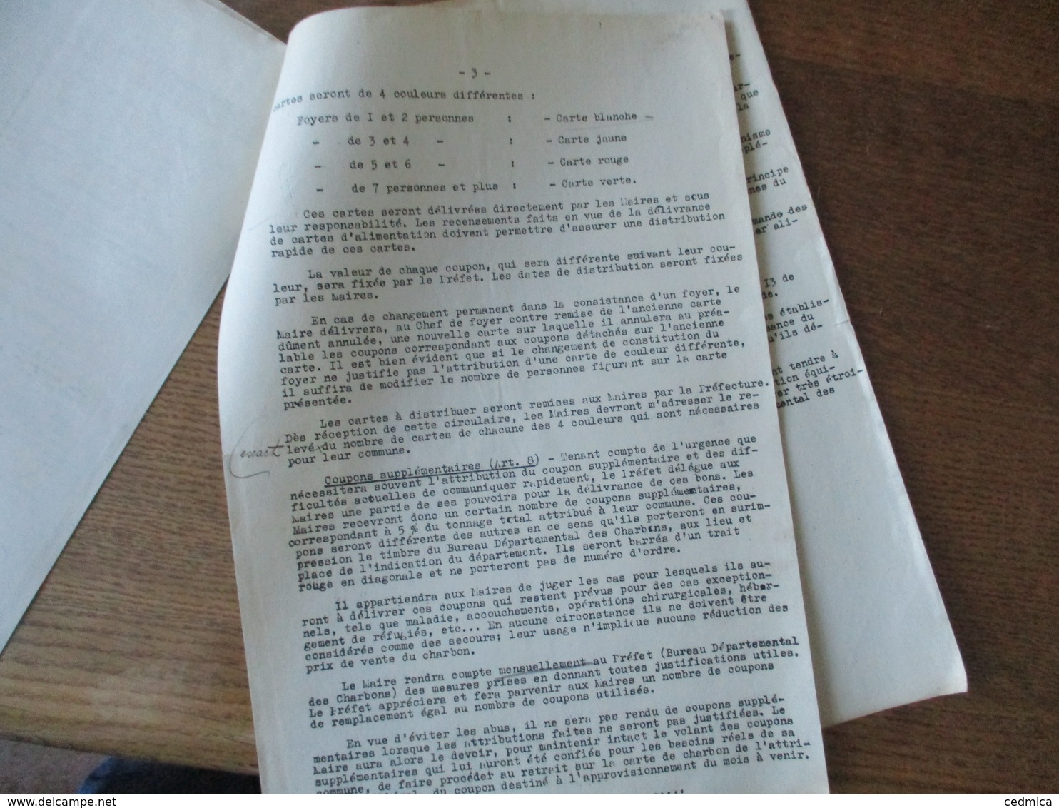 LILLE LE 1er SEPTEMBRE 1940 CIRCULAIRE RELATIVE A LA MISE EN VIGUEUR DE LA CARTE DE CHARBON LE PREFET F.CARLES 4 PAGES - Documents Historiques