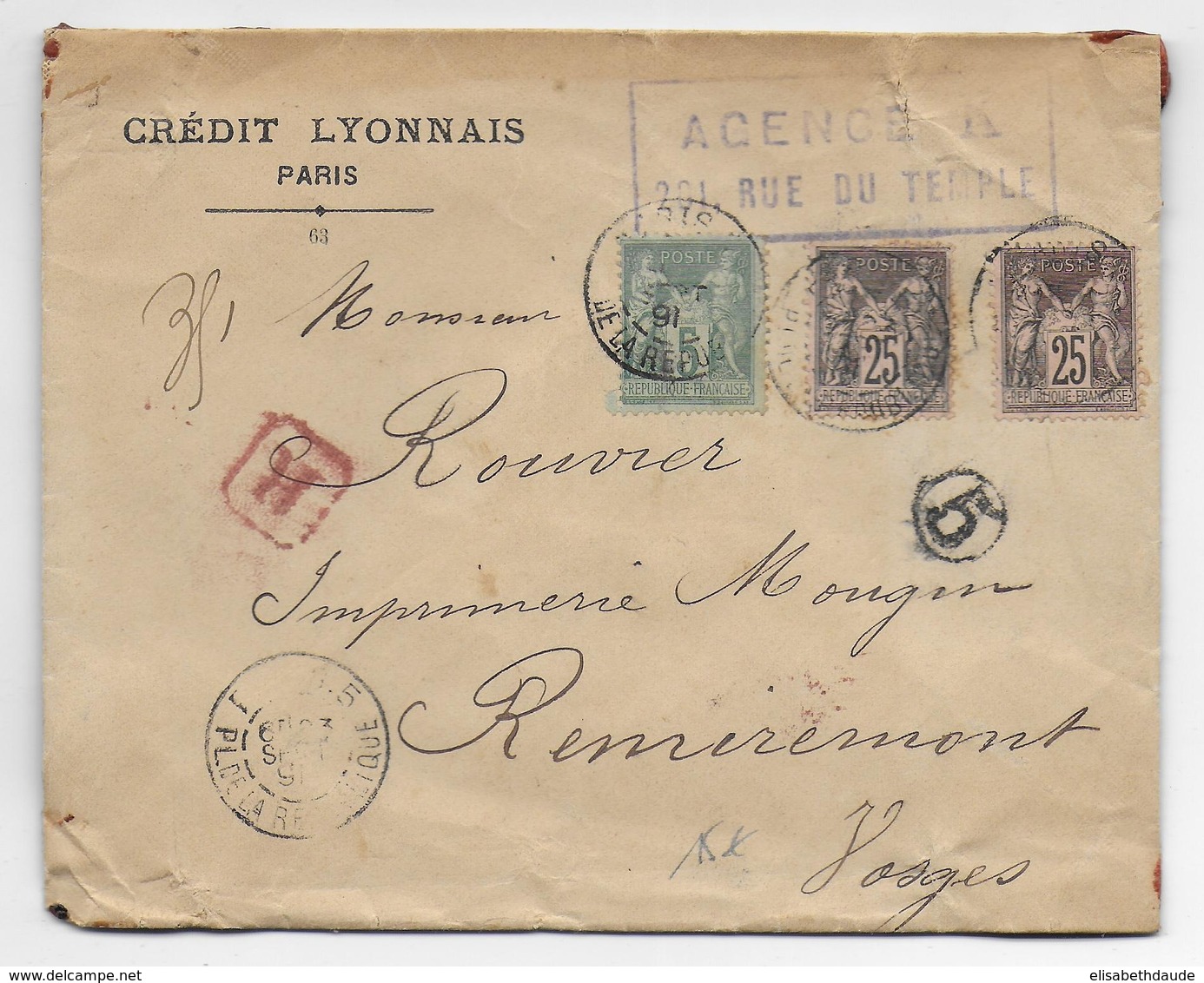 1891 - SAGE Sur LETTRE CHARGEE De PARIS => REMIREMONT (VOSGES) - 1877-1920: Semi-moderne Periode