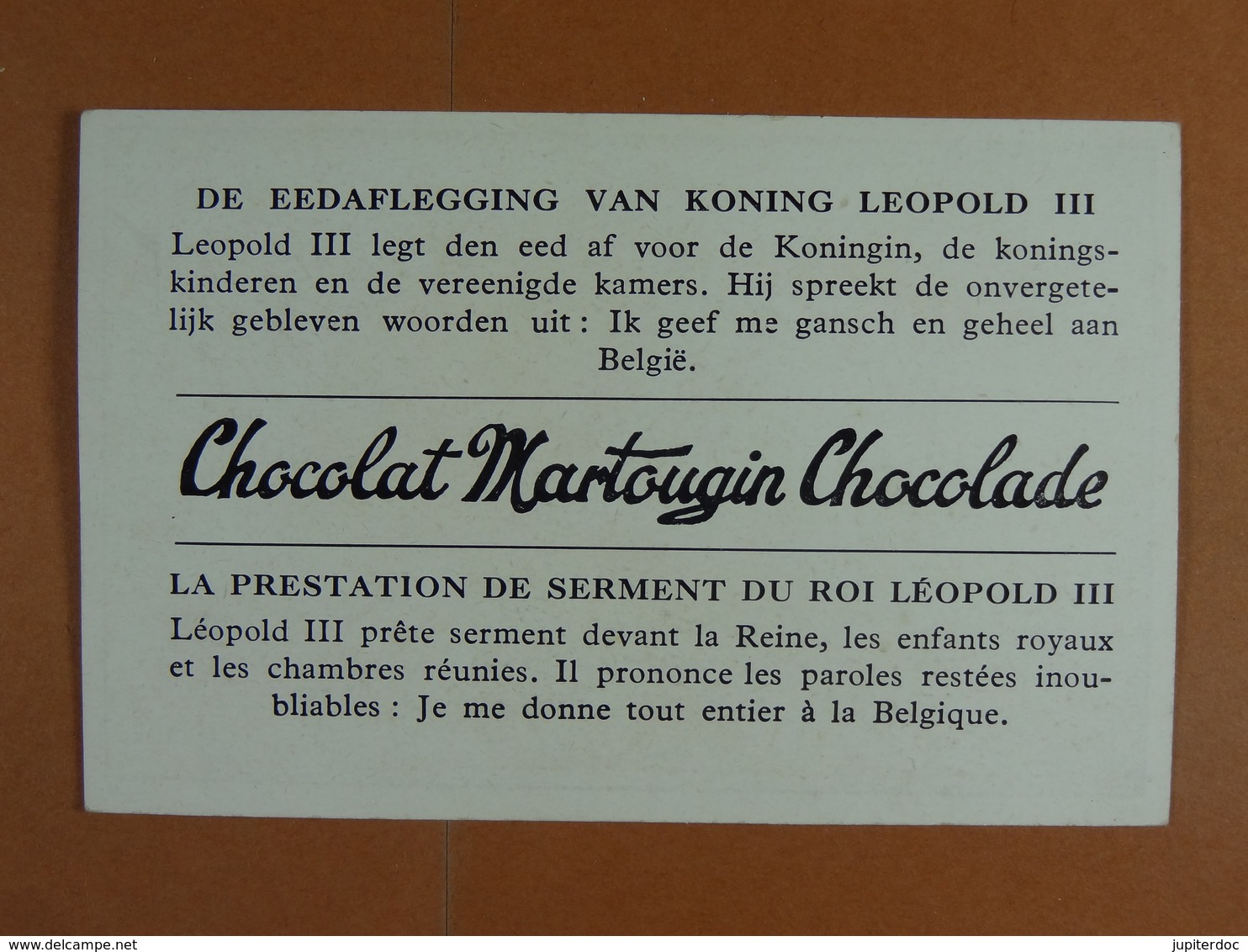 Chocolat Martougin (11 Cm X 7 Cm) Dynastie Belge La Prestation De Serment Du Roi Léopold III /11/ - Autres & Non Classés