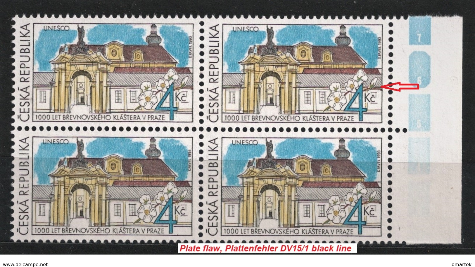 Czech Republic 1993 MNH ** Mi 7 Sc 2883 UNESCO Brevnov Monastery. Kloster. Tschechische Republik. Plate Flaw. - Unused Stamps