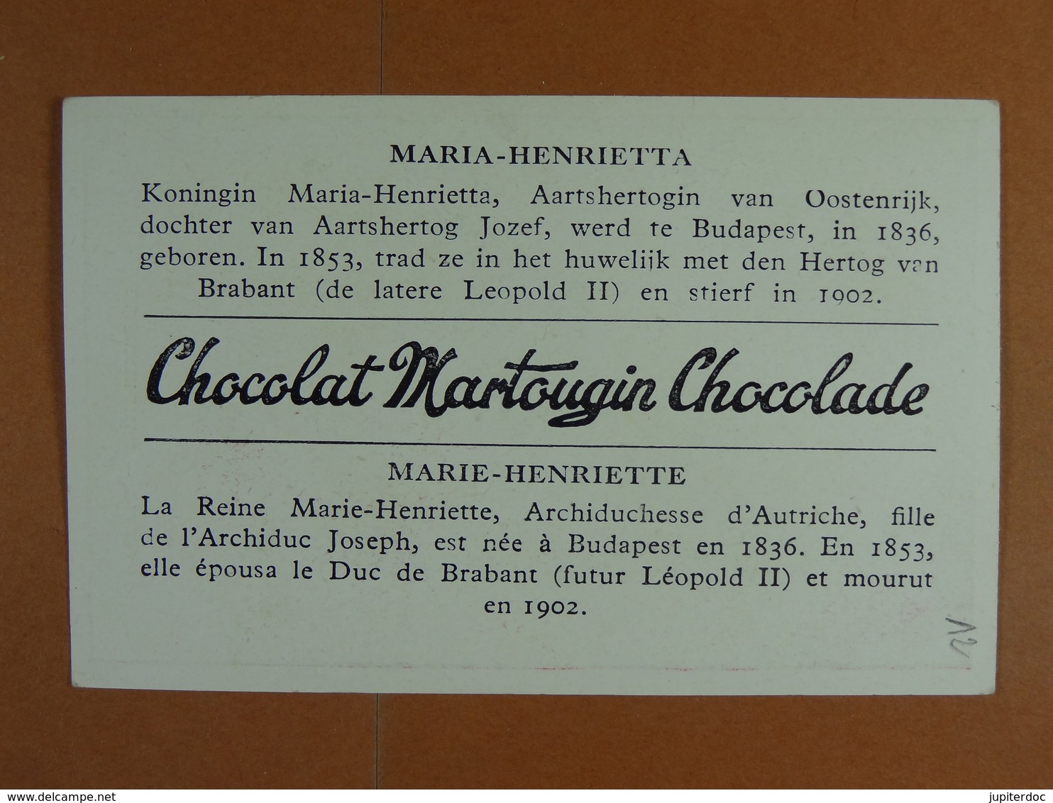 Chocolat Martougin (11 Cm X 7 Cm) Dynastie Belge Marie-Henriette /13/ - Autres & Non Classés