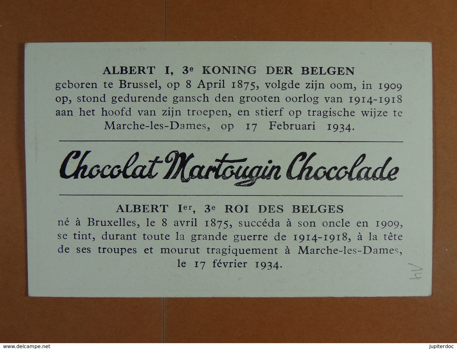 Chocolat Martougin (11 Cm X 7 Cm) Dynastie Belge Albert Ier Roi Des Belges /15/ - Autres & Non Classés