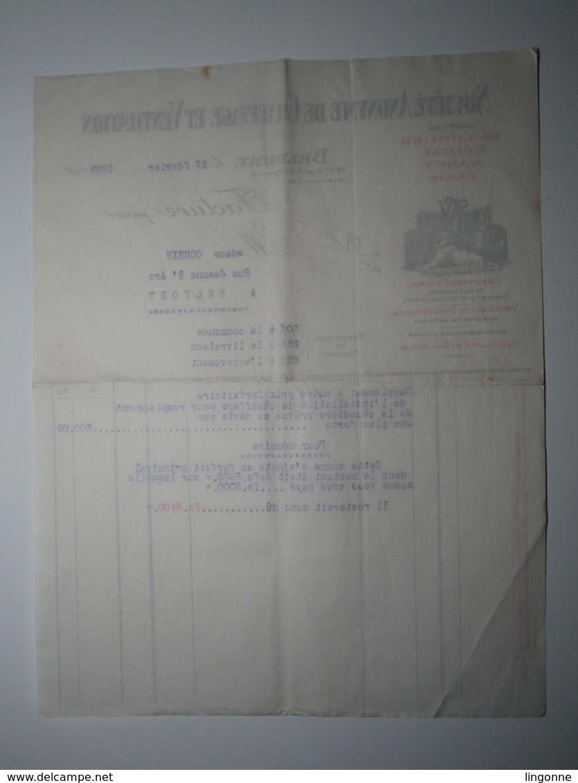 1929 FACTURE - BELFORT SOCIÉTÉ ANONYME DE CHAUFFAGE ET VENTILATION Agences MULHOUSE ÉPINAL NANCY PARIS - 1900 – 1949