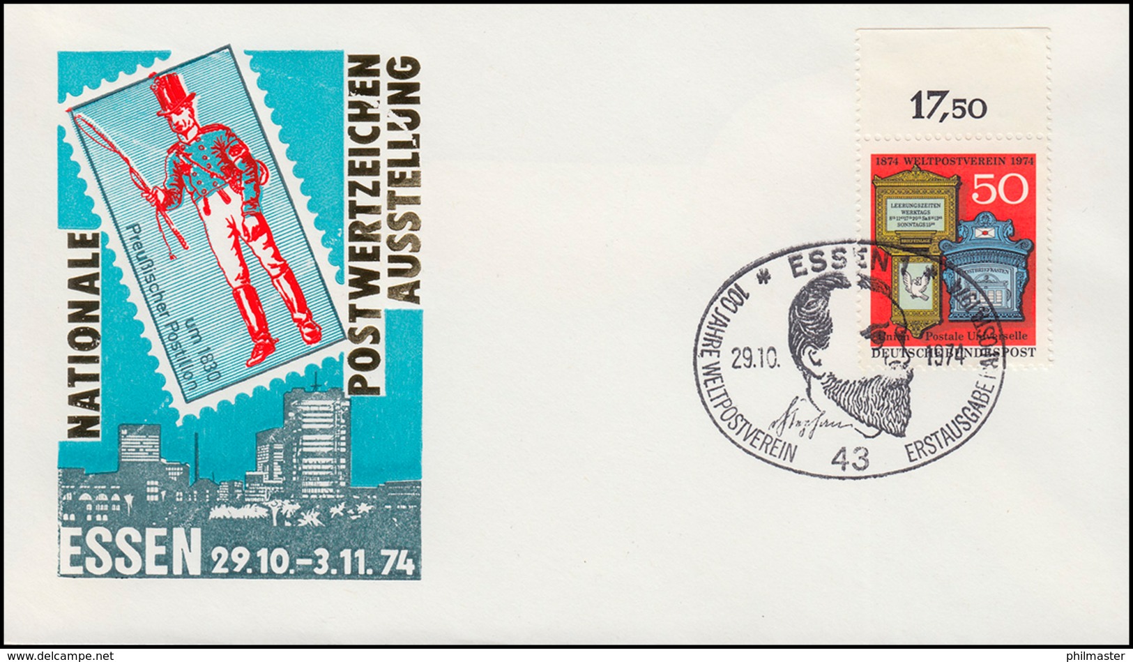 825 Weltpostverein UPU Auf Schmuck-FDC Messe ESSEN Bildnis Stephan 20.10.1974 - Autres & Non Classés