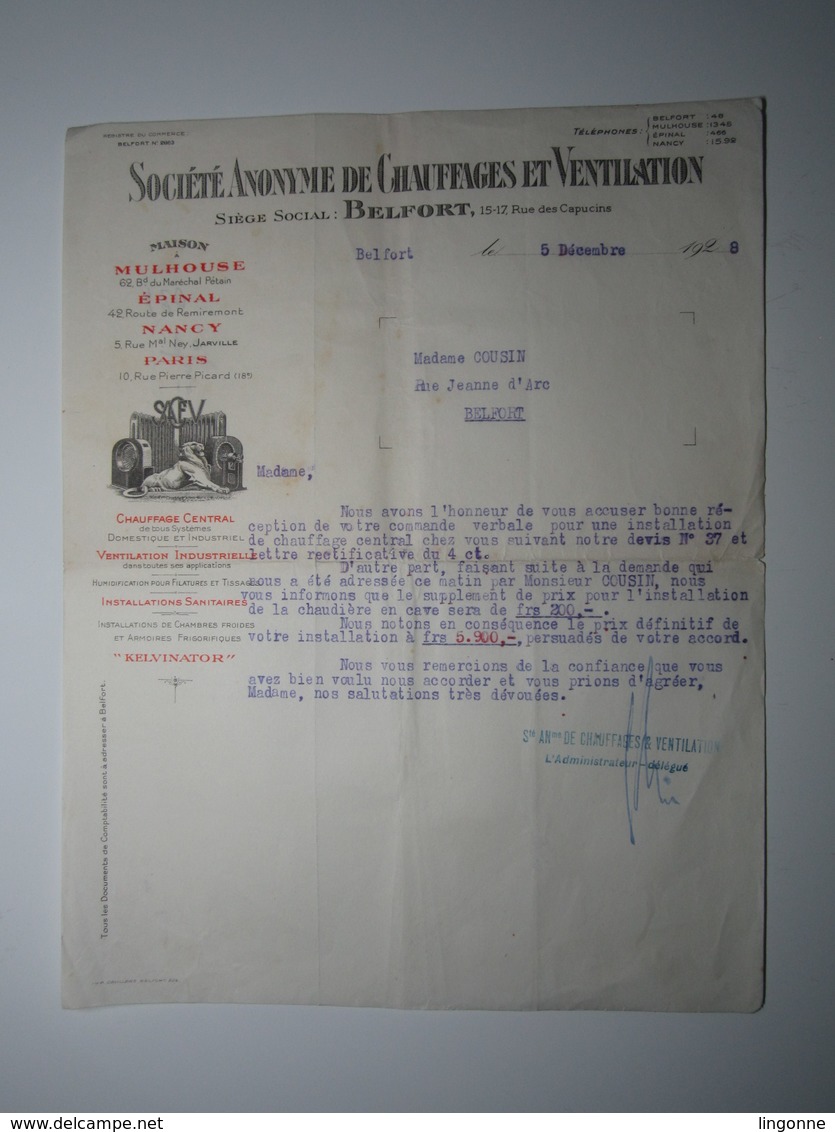 1928 FACTURE - BELFORT SOCIÉTÉ ANONYME DE CHAUFFAGE ET VENTILATION Agences MULHOUSE ÉPINAL NANCY PARIS - 1900 – 1949