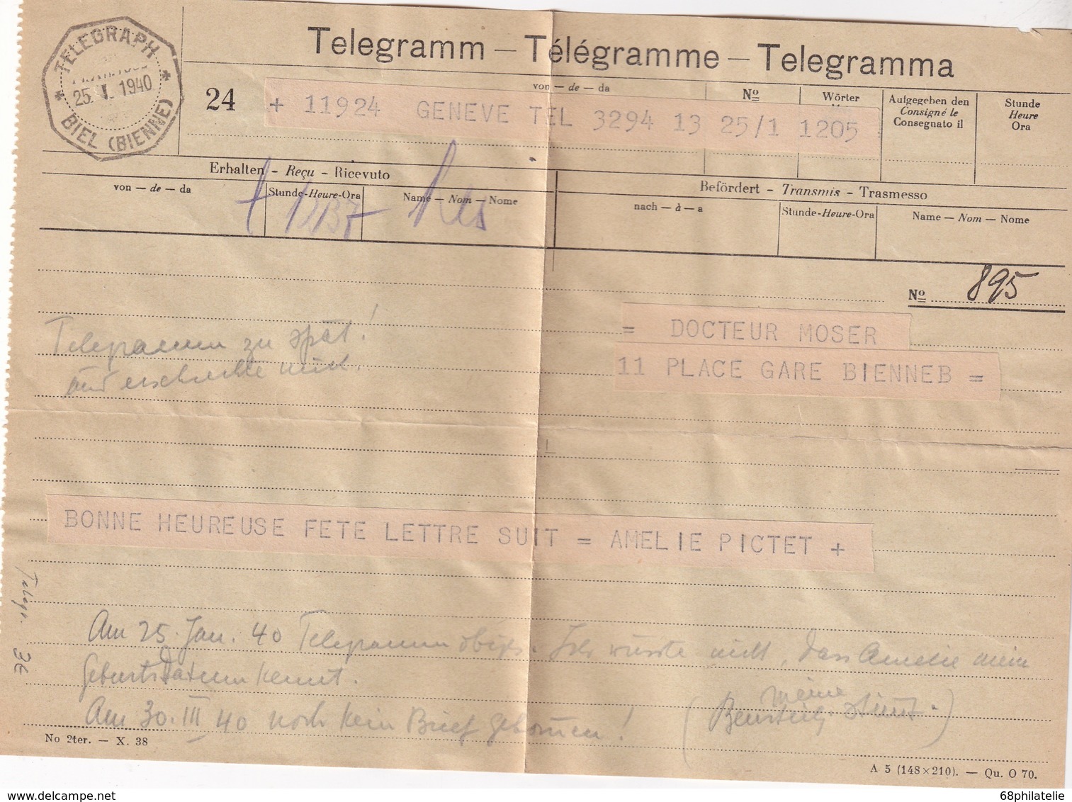 SUISSE 1940 TELEGRAMME/TELEGRAMM DE BIEL POUR GENEVE - Telégrafo