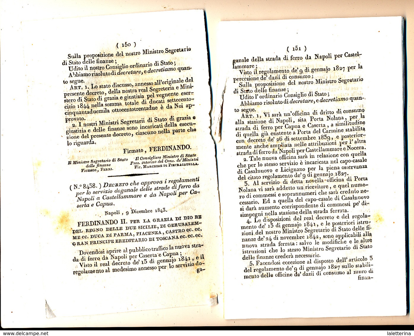 1843 REGNO DI NAPOLI DECRETO FERDINANDO REGOLAMENTOX LA DOGANA SU FERROVIA NAPOLI -CASTELLAMMARE E NAPOLI CAPUA CASERTA - Unclassified