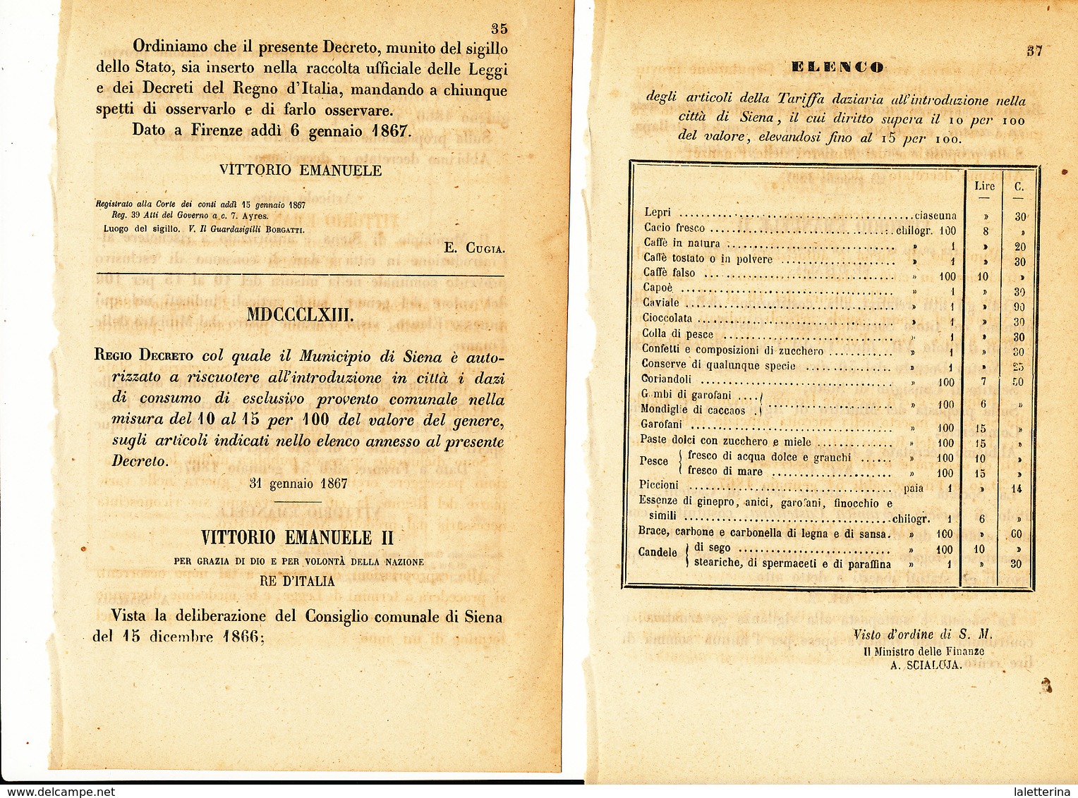 1867 SIENA DECRETO DAZI AL CONSUMO CON ELENCO GENERI ALIMENTARI - Non Classés