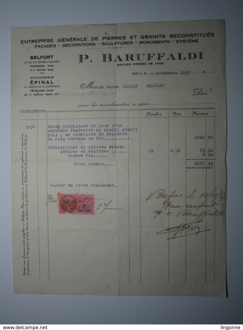 1937 FACTURE - BELFORT ÉPINAL  P. BARUFFALDI ENTREPRISE DE PIERRE ET GRANITS RECONSTITUÉS Timbre Fiscal 2 Francs - 1900 – 1949