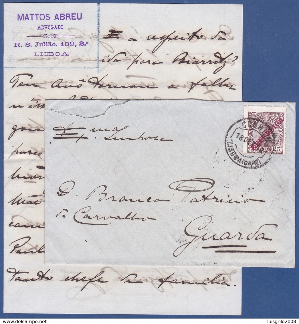 Cover + Letter - Lisboa Central To Guarda, Portugal / Perfect Cancel - Lisboa (Gare) Dez.1910 - Lettres & Documents