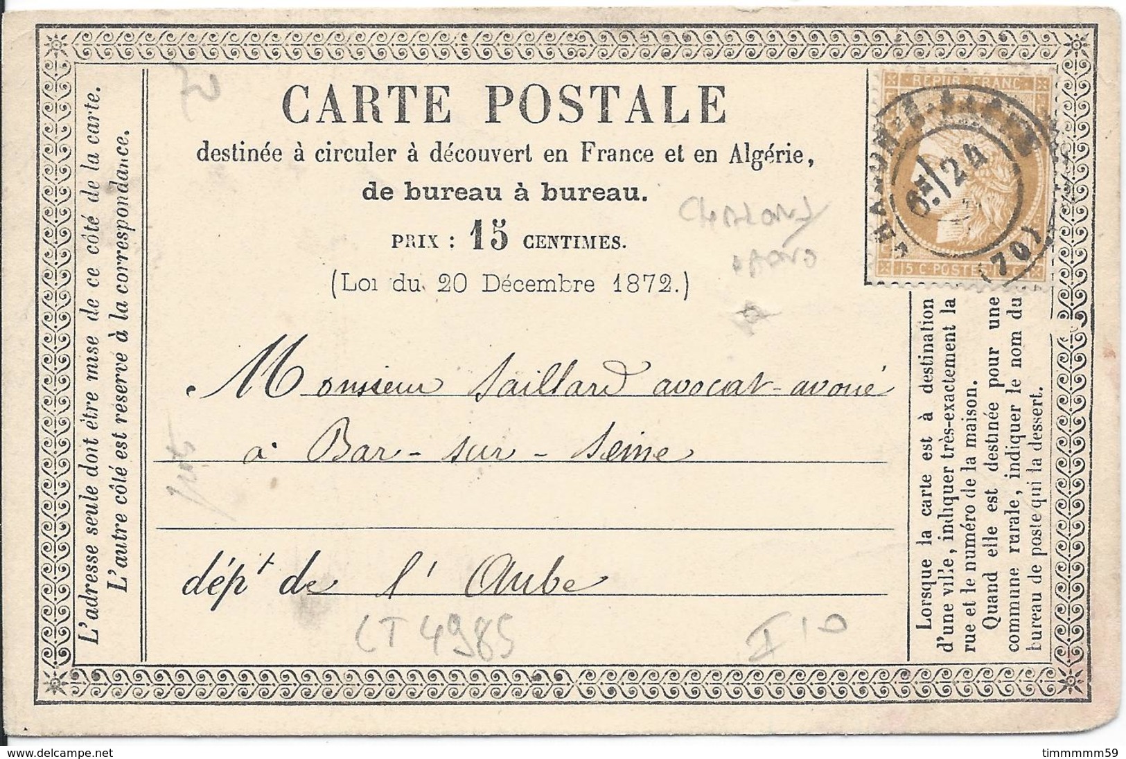 LT4985 N°59/carte Postale, Oblit Cachet à Date De Chalon-sur-Saône, Saône-et-Loire (70) Pour Bar-sur-Seine, Aube (9) Du - 1871-1875 Cérès