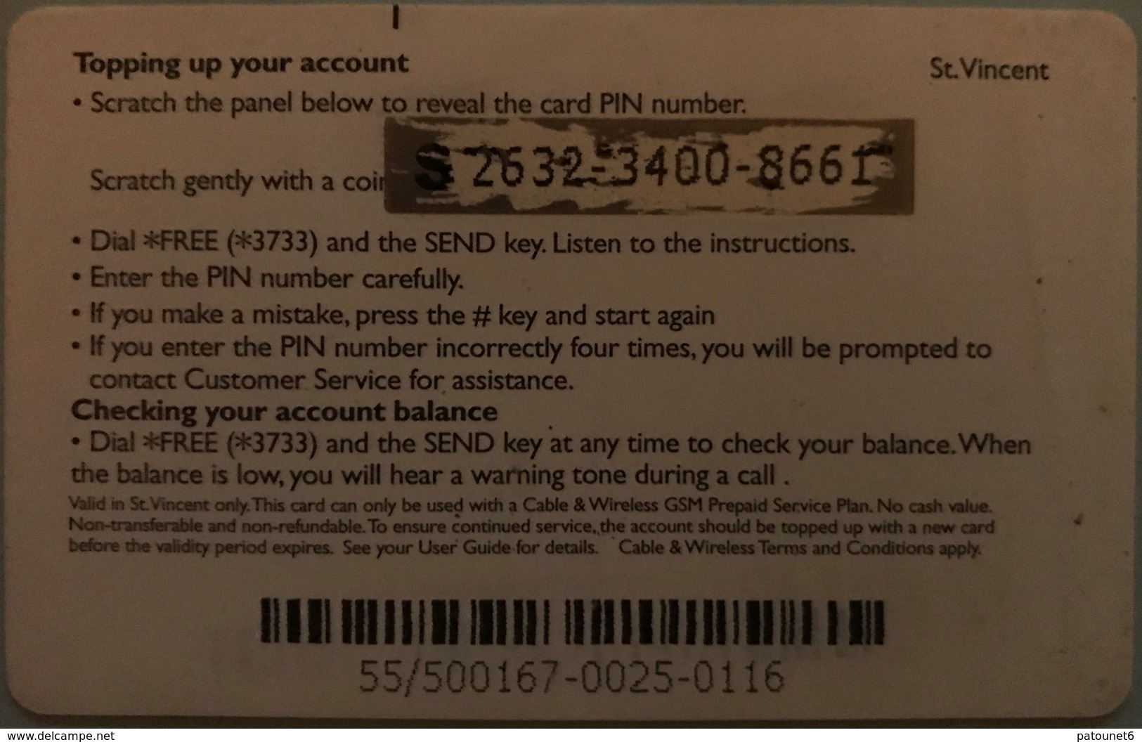 St. VINCENT § LES GRENADINES  -  Prepaid -  Cable %  Wireless  -  EC$20 - St. Vincent & The Grenadines