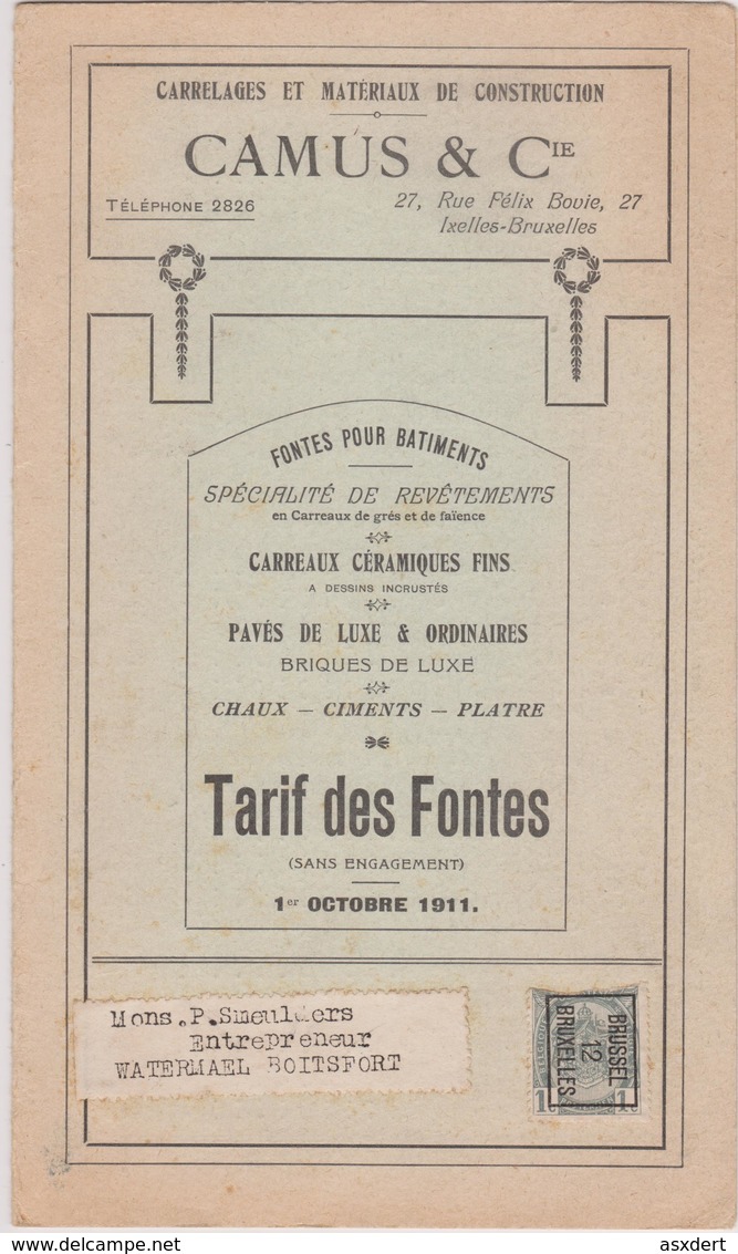 Belgique Préo. Bruxelles 1912 S/ Pub. Camus & Cie. Carrelages-Ceramiques-Carreaux Pavés De Luxe. TB. - Rolstempels 1910-19
