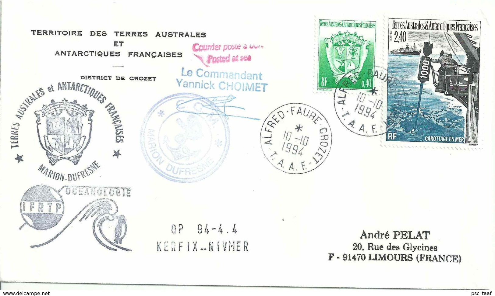 YT 187 Carottage En Mer - Posté à Bord Du MD - Alfred Faure - Crozet - 10/10/1994 - Lettres & Documents