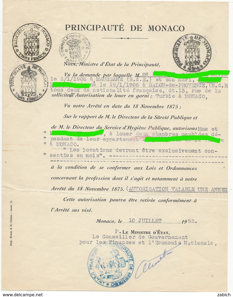 FISCAUX DE MONACO   TIMBREs BLASON  Trois Francs 2 Ex + 4frs + Complement Au Tarif De 1949  Du 10 7 1952 - Fiscale Zegels