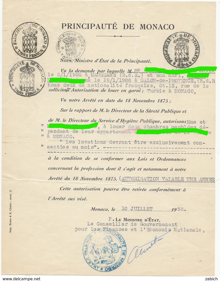 FISCAUX DE MONACO   TIMBREs BLASON  Trois Francs 2 Ex + 4frs + Complement Au Tarif De 1949  Du 10 7 1952 - Steuermarken