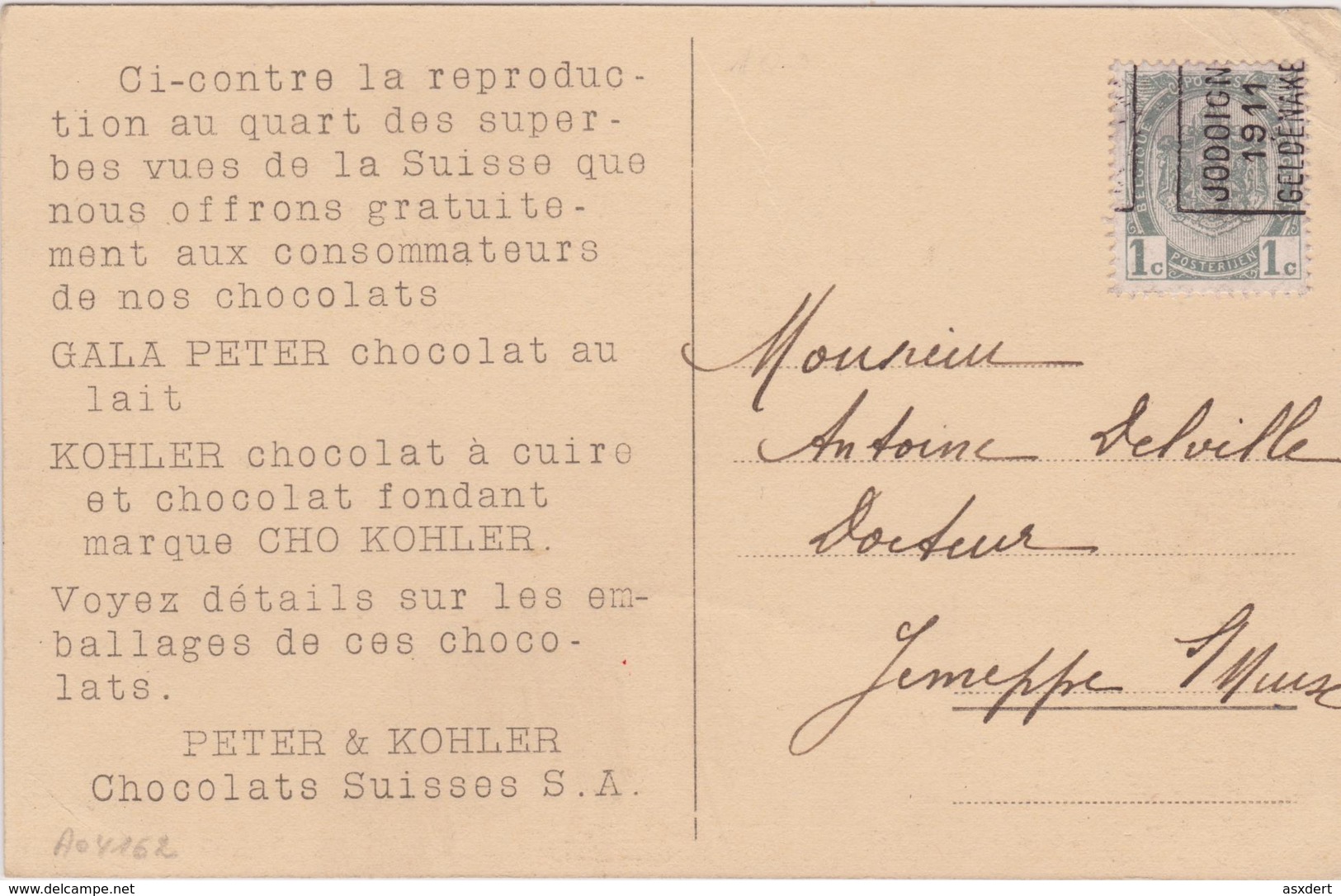 N° 81 Préo 1625  Jodoigne - Geldenaken. Chocolat Suisse Peter Kohler / Chute Du Rhin - Roulettes 1910-19