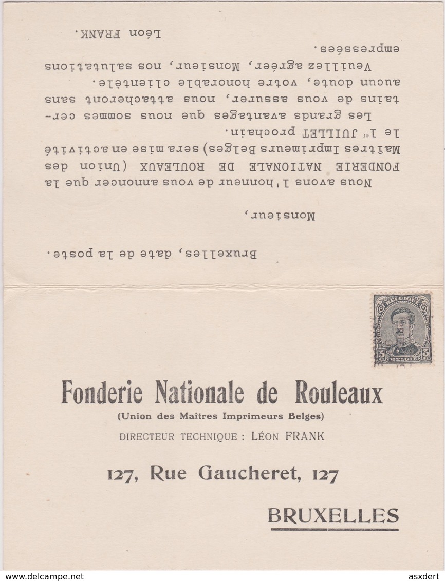 C.P. / Préo 2715B- Bruxelles 1921.Fonderie Nationale / L. Frank Brux-Nord - Rollo De Sellos 1910-19