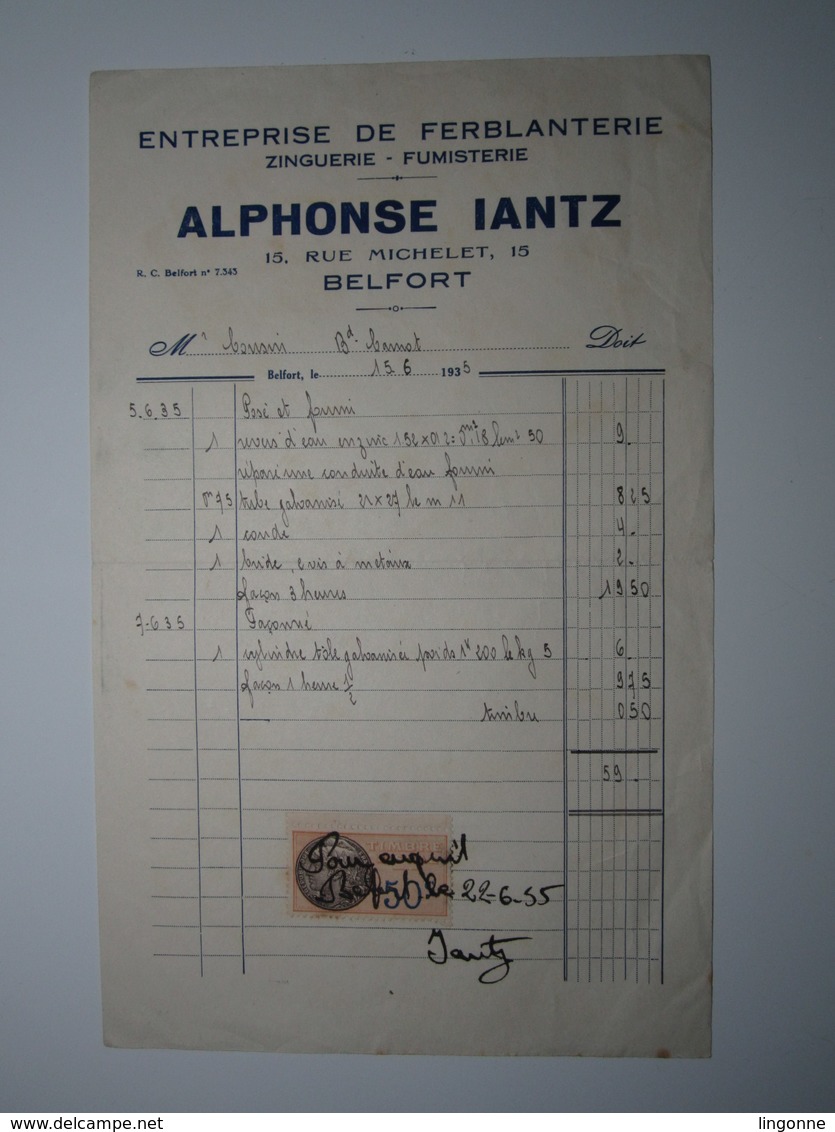 1935 BELFORT ALPHONSE IANTZ ENTREPRISE DE FERBLANTERIE Timbre Fiscal 50 Centimes - 1900 – 1949