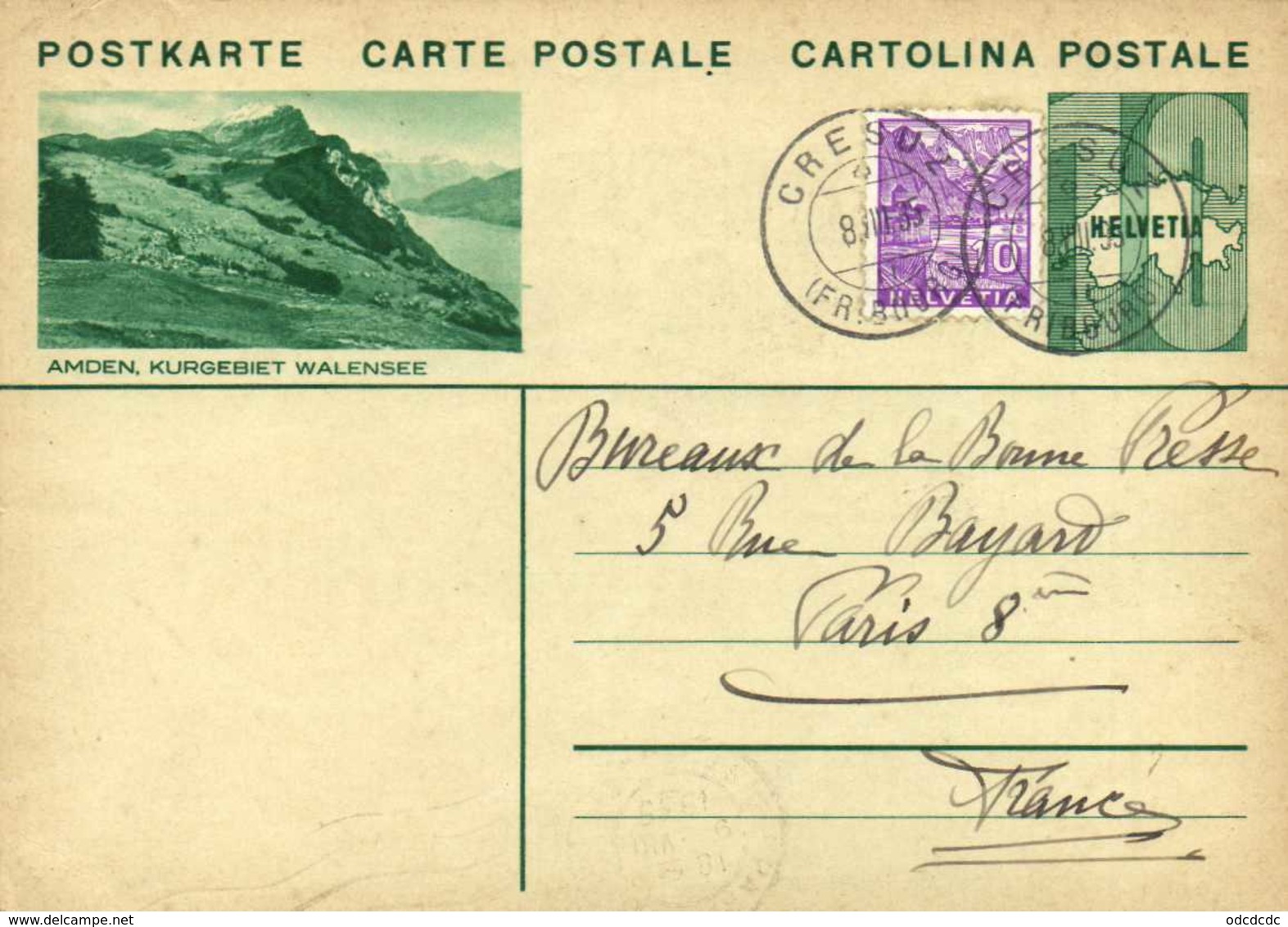 ENTIER POSTAL 10  HELVETIA + Timbre 10  AMDEN KURGEBIET WALENSS     + Beau Cachet CRESUZ (FRIBOURG )    RV - Entiers Postaux