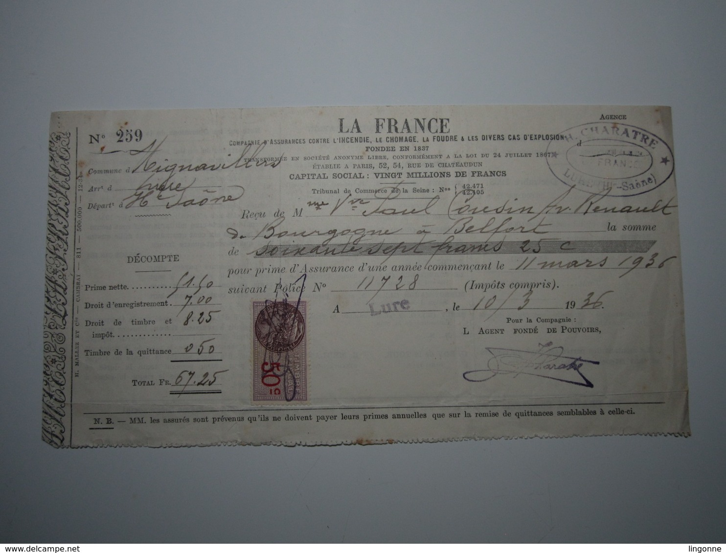 1936 MIGNAVILLERS (Haute-Saône) LA FRANCE - H. CHARATRE LURE Timbre Fiscal 50 Centimes - 1900 – 1949