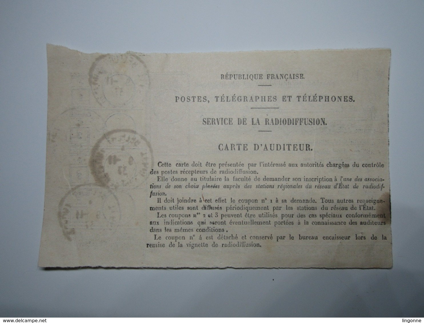 1937 BELFORT Carte Auditeur Service Radiodiffusion Timbre Fiscal 50 Centimes - 1900 – 1949