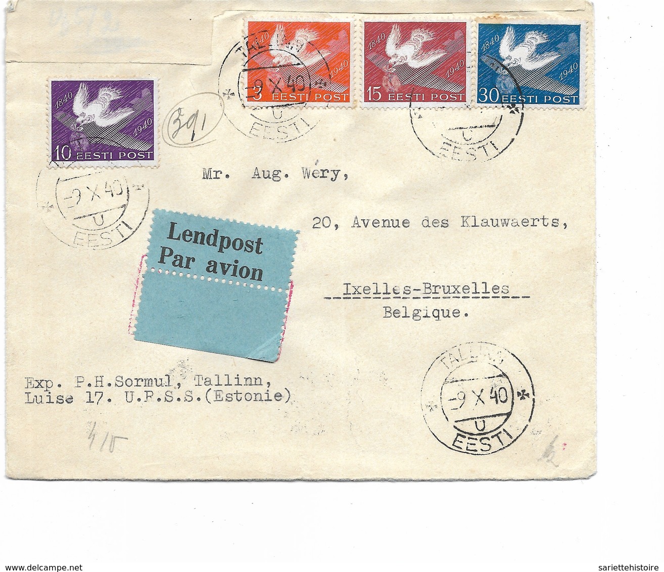 SH 0336. N° Yv. 175/178 TALLIN 9.X.40 S/Lettre AVION V. IXELLES/BRUXELLES. Arr. 18.I.41. Censure Allemande - Estland