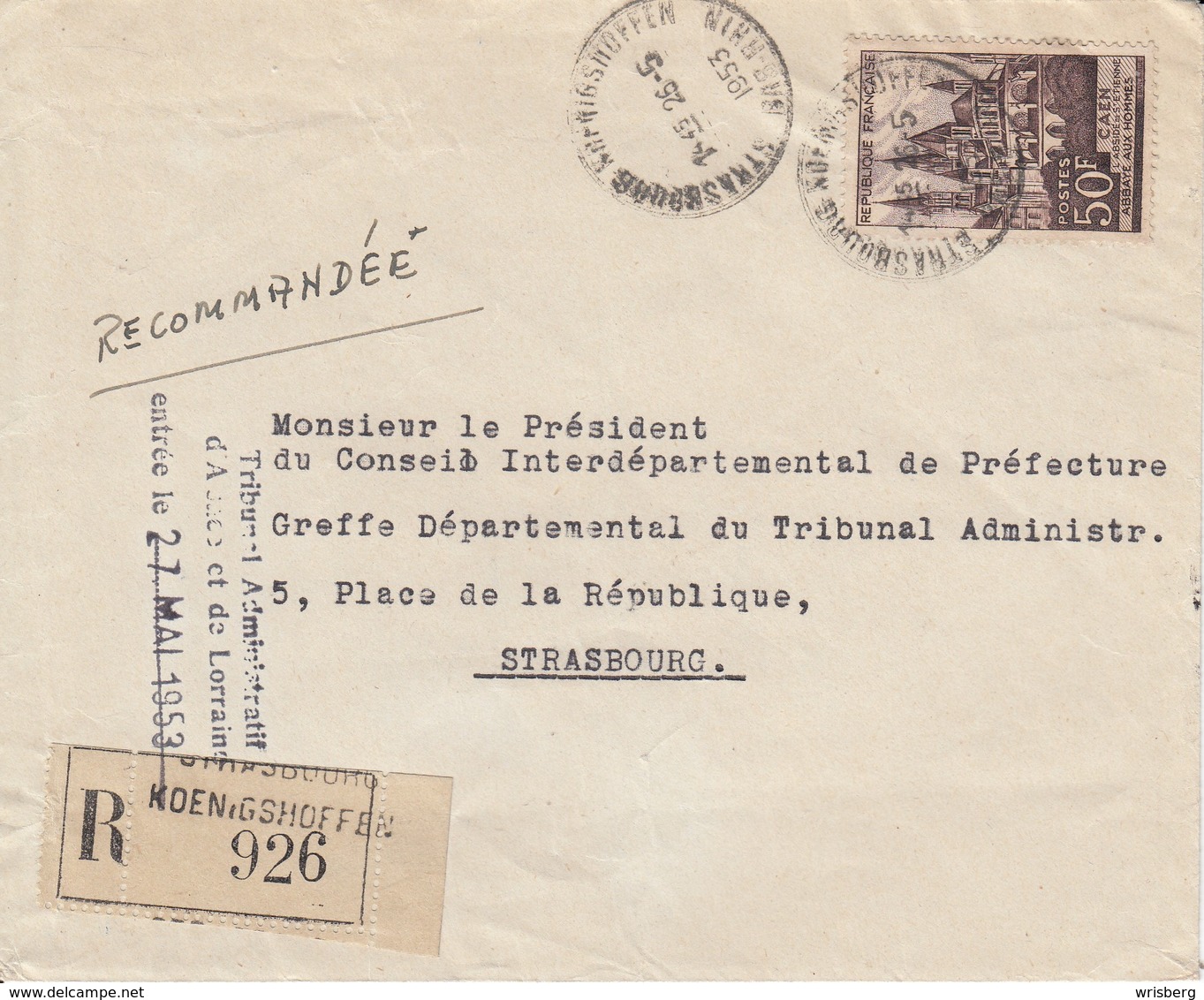 Env Reco Affr Y&T 917 Obl STRASBOURG KOENIGSHOFFEN Du 26.5.1953 Adressée à Strasbourg - Brieven En Documenten